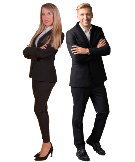 man and woman stanfing back to back with arms folded